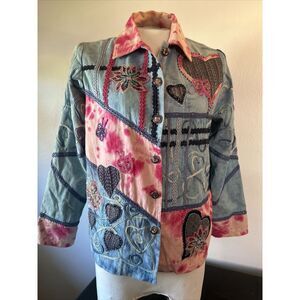 Breckenridge Denim Jacket Women's Size P‎ Med Blue and Pink Appliqued Bead Work